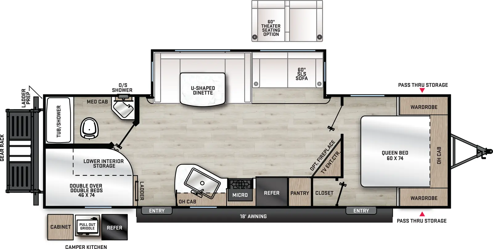 The 263BHSCK has one slide out and two entries. Exterior features an 18 foot awning, front pass-thru storage, outside shower, rear cargo rack, and camp kitchen with cabinet, pull-out griddle and refrigerator. Interior layout front to back: foot facing queen bed, overhead cabinet, wardrobes on each side, closet, and entry door; angled entertainment center; off-door side slide out with sofa and u-shaped dinette; door side pantry, refrigerator, cook top stove, microwave, sink, overhead cabinet, and second entry; rear off-door side full bathroom with medicine cabinet; rear door side double over double bunks.